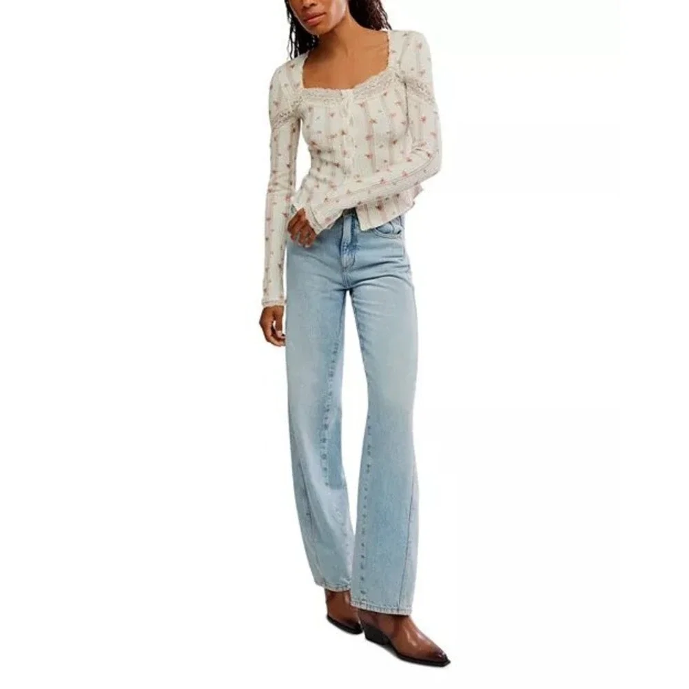 Free People Lets Party Floral Lace Trim Cotton Waffle Knit Cardi Top Cream XS